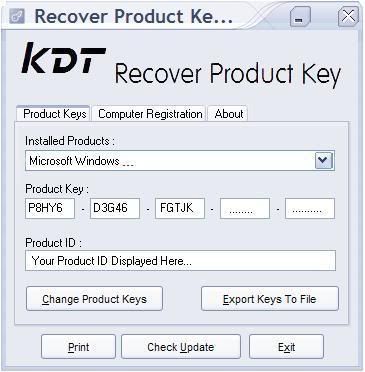 Screenshot of KDT Soft. Recover Product Key Demo
