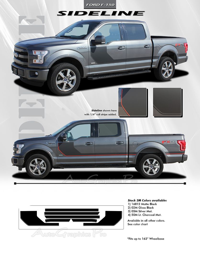 SIDELINE Stripes Vinyl Graphics Decals 3M 2015-2018 Ford Truck F-150 ...